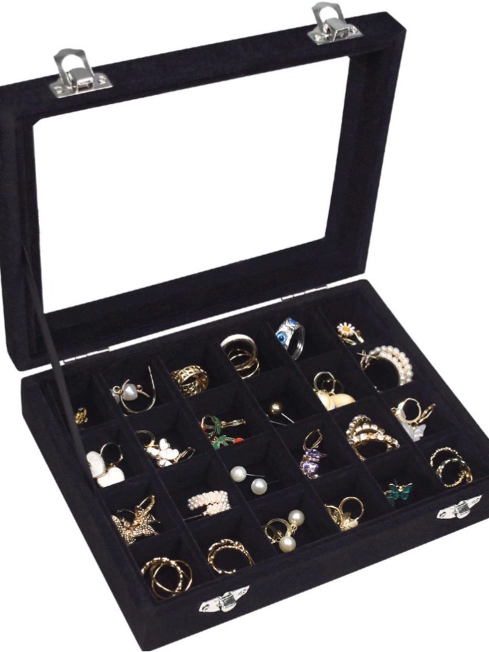 Black Velvet 24-Slot Jewelry Display Box for Women